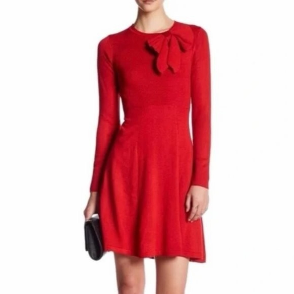 Jessica Howard Red Sweater Knit Dress, Bow Design, Long Sleeve Flair Skirt, Sz M